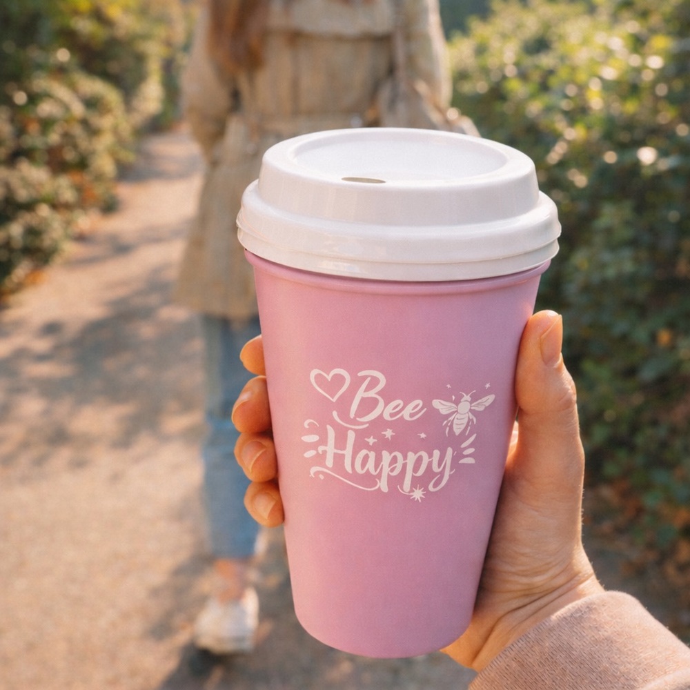 True Living “Bee Happy” Reusable Coffee Tumbler Set | Pink | 16 oz | 2 Pack